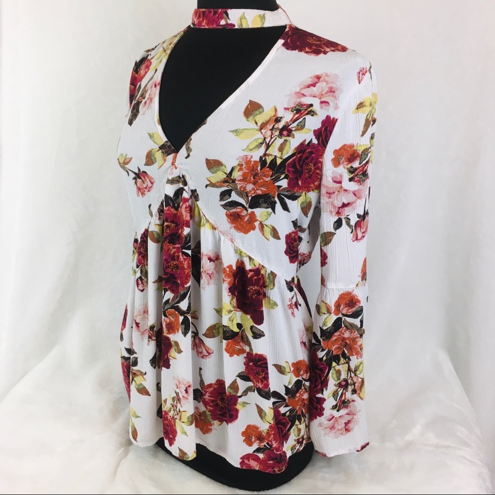 A.N.A Floral Blouse Choker Collar Long Bell Sleeves Women’s Size Medium M